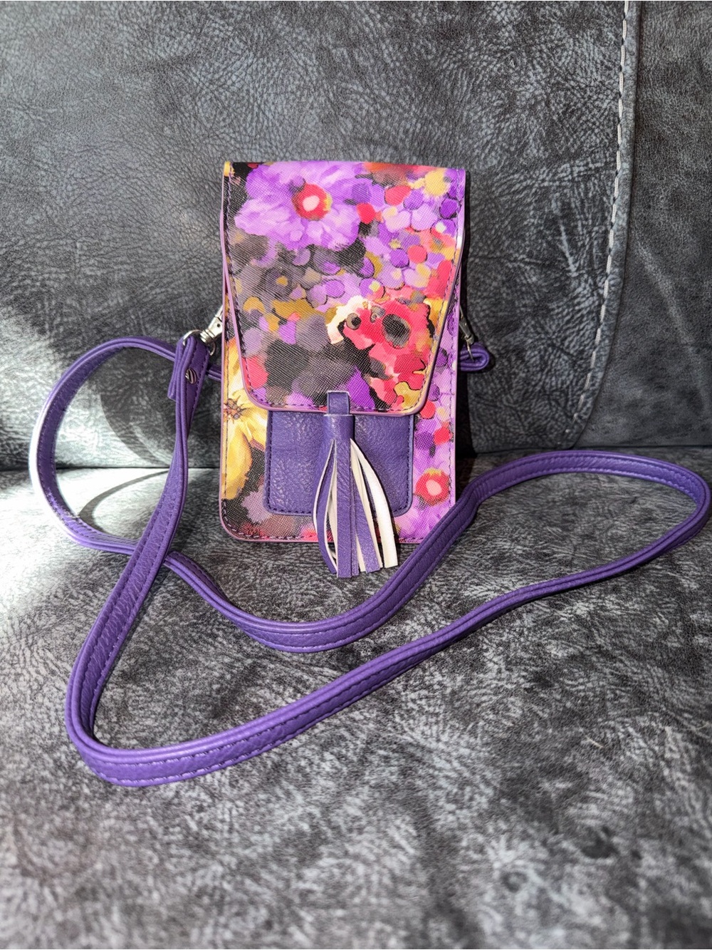 Purple Floral Crossbody Phone Pouch with Tassel Accent